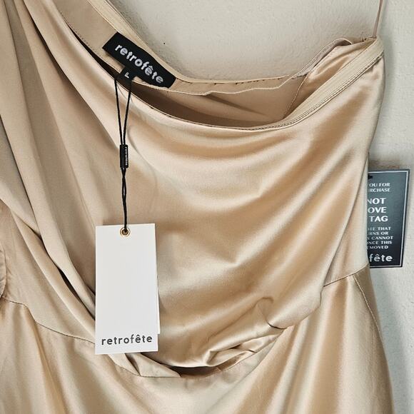 RETROFÊTE Nadia One-shoulder Ruched Stretch-Silk Satin Mini Dress Sz L Champaign - Picture 9 of 14